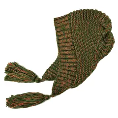 ★注目商品★[ハッピーハット] 耳あて付きニット帽 揺れるタッセル付き 民族風 MIX毛糸のあったかフード帽 カーキ knit-1616-07 チャイハネ 0