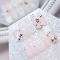 ネイルチップ 量産型 水色ネイル 千鳥柄 白 韓国 ちゅるん ハート