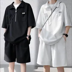 大きいサイズ セットアップ 夏 メンズ 半袖シャツ ハーフパンツ ジャージ上下セット 折り襟 無地 ゆったり アウトドア ハーフジップ プルオ