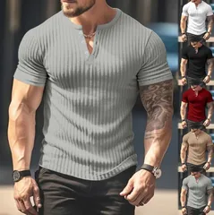 メンズ Tシャツ 半袖 ニットトップス スウェット タイト Vネック フィットネスウェア 夏 カジュアル トレーニング ジム スポーツ ランニン