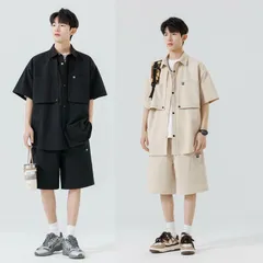 M-5XL セットアップ メンズ 半袖シャツ ハーフパンツ ジャージ上下セット ゆったり 大きいサイズ 夏服 無地 アウトドア カジュアル お出か