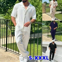 【送料無料】 カジュアルセットアップ トップス ロング丈ストレートパンツ 2点セット オープンカラーシャツ メンズ 上下セット ゆったり ス