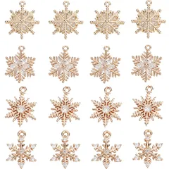 【人気商品】SUNNYCLUE　16個4種　クリスマス　チャーム　インストーン　雪の結晶　チャーム　金色　雪の華　パーツ　雪花　ラピアス　雪　イヤリング　キラキラ　冬　花　ネックレス　クリスマスプレゼント　スノー　ブレスレット　ゆき　キーホルダー　メタルパーツ