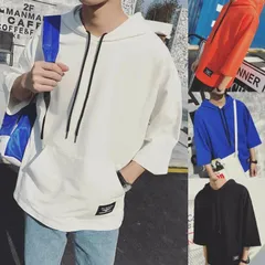 メンズ プルオーバー パーカー スウェット コットン 7分袖 フード付き 無地 薄手 春夏 アウター トップス ゆったり アウトドア 大きいサイ