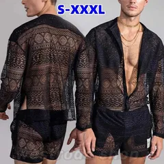 メンズ 海外ファッション セットアップ スタンドカラー シャツ 透かし雕り 開襟シャツ ショートパンツ シースルー クロシェ 編み 無地 長袖