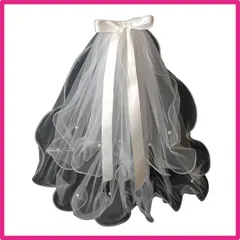 [] ウェディングベール ベール ショートベール 花嫁ベール パールビーズ 波打つ縁 ベールダウン 蝶結び付き ホワイト ダブルレイヤー 結婚式 成人式 舞台劇 花嫁飾り用品 55cm