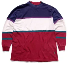 90s USA製 Cross Creek マルチカラー 切り替え モックネック コットン 長袖Tシャツ XL★ビンテージ ハイネック カットソー ビッグサイズ