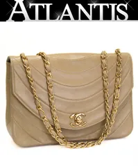 シャネル CHANEL ヴィンテージ シングルフラップ ダブルチェーンショルダーバッグ ラム ベージュ G金具 1番台 【72410】