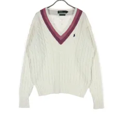 美品 Polo by Ralph Lauren ポロバイラルフローレン 90s オールド フィッシャーマン 長袖 Vネック ケーブル編み コットン ニット 170 ホワイト レディース 古着