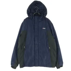 FILA フィラ ロゴ刺繍 フード付 中綿ジャケット L ネイビー メンズ 古着