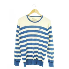 バーバリーブラックレーベル BURBERRY BLACK LABEL ニットソー カットソー クルーネック 長袖 コットン ボーダー ロゴ刺繍 3 L 青 ブルー /AO11 ■GY18