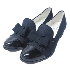 ランバンオンブルー LANVIN en Bleu 美品 ローファー リボン 編み込み ラメ グリッター 切替 エナメルレザー ヒール 22.5cm 紺 ネイビー IBO83 1109のサムネイル