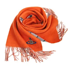 ヴィヴィアンウエストウッド Vivienne Westwood オーブ刺繍 カシミヤ リバーシブル マフラー ストール チェック柄 グレー オレンジ 1117 IBO84