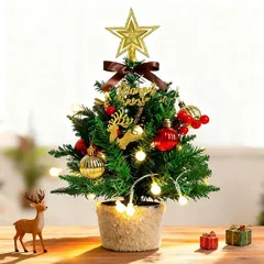 ★注目商品★Dalugo クリスマスツリー 卓上 ミニツリー オーナメント付き 北欧 人工松 クリスマス 32cm高さ LED飾りライト付き 飾りつけ 星トップとリボン付き 組立簡単 卓上ツリー 小さめ クリスマス置物 かわいい おしゃれ（グリーン） 0