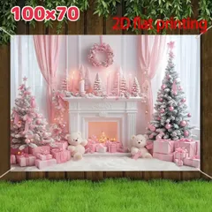 【100×70cm】ピンククリスマス🎀暖炉とツリーの幻想タペストリー✨撮影背景・お部屋デコに♡ 裏面ハトメ金具付き・軽量で飾りやすい