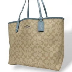 コーチ トートバッグ ベージュ シグネチャー A4収納 PVC ワンショルダー ハンドバッグ 自立可 肩掛け可 肩かけ可 リバーシブル シティ ロゴタグ ロゴ シルバー金具 ブルー T2 COACH 上品 高級感