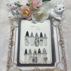 ワンホンネイルチップ　ツイード　フレンチ　オンニ風　韓国　ロングネイル　ギャルネイル
