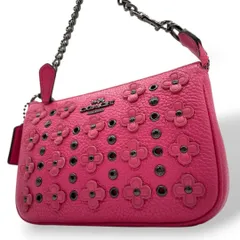 美品 コーチ ハンドバッグ ピンク 花柄 スタッズ レザー ポーチ アクセサリーポーチ 本革 チェーン トートバッグ ロゴプレート ロゴタグ チャーム付き COACH s80