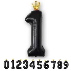 王冠バルーン ブラック　黒 数字　数字バルーン バースデー 誕生日 飾り付け 風船 王冠付き クラウン 40インチ 大きい ストロー付 ナンバーバルーン 約90cm 記念日