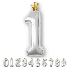 王冠バルーン シルバー 数字　数字バルーン バースデー 誕生日 飾り付け 風船 王冠付き クラウン 40インチ 大きい ストロー付 ナンバーバルーン 約90cm 記念日