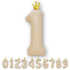 王冠バルーン ベージュ 数字　数字バルーン バースデー 誕生日 飾り付け 風船 王冠付き クラウン 40インチ 大きい ストロー付 ナンバーバルーン 約90cm 記念日
