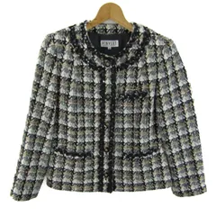 バンベール ノーカラーツイードジャケット ウール混 アウター レディース 11ARサイズ ホワイト×ブラック VINVERT 【中古】