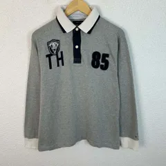 TOMMY HILFIGER トミーヒルフィガー 長袖ポロシャツ ワッペン ロゴ刺繍 襟切り替え グレー XLサイズ メンズ 古着 アメカジ ストリート