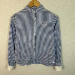 TOMMY HILFIGER トミーヒルフィガー バンドカラーシャツ ストライプ ロゴ刺繍 袖切り替え 総柄 ブルー ホワイト 4サイズ レディース 古着 アメカジ