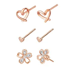 【在庫処分】ジルコニア 春 四つ葉 シルバー ハート ピンクゴールド 桜 シンプル 花 セカンドピアス 両耳用 スタッドピアス セット サージカルステンレス つけっぱなし レディース ピアス 金属アレルギー対応 六個 ギフトBOX付き [Hothrty]3ペア
