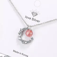 シルバー925 キュービックジルコニア CZダイヤ ストロベリークォーツ ムーン ペンダント ネックレス 苺水晶 レディース 可愛い おしゃれ 月 シルバー 綺麗 キラキラ レディース 天然石