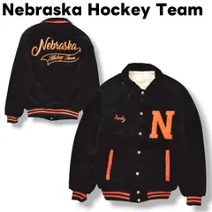 【美品】 unknown 太畝 コーデュロイ スタジャン Nebraska Hockey Team 襟付き 裏地 キルティング 中綿 紐刺繍 L相当 ブラック x オレンジ アメリカン カジュアル メンズ