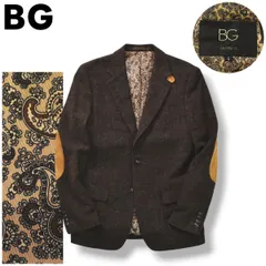 【美品】 BG bird 3ir 2B コムサイズム ツイード シングル テーラード ジャケット 総裏地 エルボーパッチ チンストラップ 羊革 スウェード レザー S ブラウン x ペイズリー柄 ベージュ メンズ