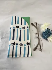 ハンドメイド　メガネケース　猫　ストライプ　B022