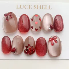 ネイルチップ　ハート リボン ネイルチップ 赤×ベージュ バレンタイン 量産型推し活 赤ハート ネイルチップ リボン 量産 地雷 ガーリー 地雷系 大人可愛い