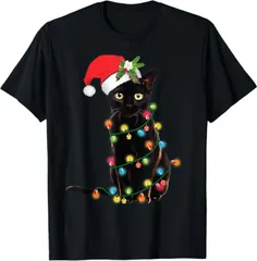 送料無料  100%コットン クリスマスライトに絡まった黒猫サンタ Tシャツ 熱転写3Dプリント メンズ　レディース おもしろい 半袖 パロディ　Tシャツ