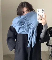 【ライトブルー】マフラー ストール 大判 厚手 ビッグサイズ 大きい レディース フリンジ 防寒 ふわふわ 暖かい ふわもこ 冬 可愛い 通勤 通学 韓国風 おしゃれ