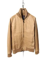 エーケーエム AKM ジャケット ブルゾン ジップアップ 異素材 切替 レザー リネン XL ベージュ /☆y0419