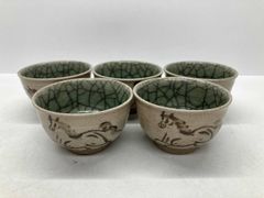 色絵 高台碗 馬上杯形 在銘 5客揃い 赤絵 呉須 古陶磁 茶碗 骨董