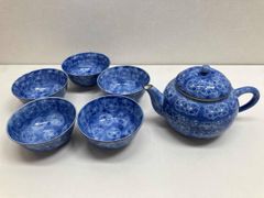 新品箱入6点 龍峰窯 染付更紗 ポット&高台カップ 茶器セット 冷茶にも