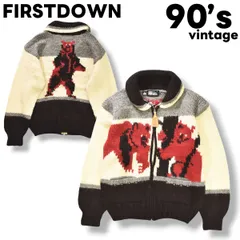 90s ヴィンテージ ファーストダウン FIRSTDOWN  PURE NEW WOOL ジップアップ カウチン ニット セーター ローゲージ M 熊柄 アニマル ベアー マルチカラー アウトドア カジュアル ウェア メンズ