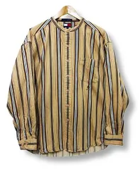 ◇☆TOMMY HILFIGER トミーヒルフィガー 厚手生地の ノーカラー長袖シャツ ストライプ ベージュ系 メンズ2XL ■管理番号L29542SSS26-251122-50（990）
