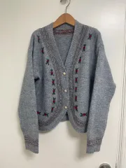 ヴィンテージ ウール カーディガン グレー 花 刺繍
