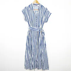 ザラ ZARA シャツ ワンピース ロング丈 半袖 ベルト付き リネン レーヨン M ホワイト ブルー ストライプ 2157/058 kz13575