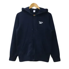 リーボック Reebok パーカー フーディー スウェット ジップアップ ロゴ プリント 長袖 S 紺 白 ネイビー ホワイト