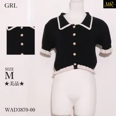 ★美品★ GRL グレイル トップス カーディガン　ショート丈　半袖　ニット素材　パールボタン　フリル 　ブラック　 【WAD3870-00】 送料無料　古着　レディース
