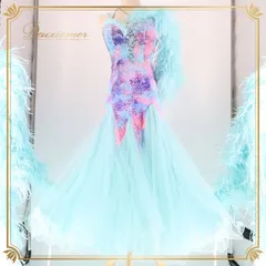 社交ダンス 衣装 スタンダード ドレス スタンダードドレス ワンピース 水色 ピンク 紫 グラデーション ファー 水色 デモ 競技 ダンス パーティ 発表会 ブルー系 フリル 豪華 おしゃれ エレガント ステージ衣装 レディース