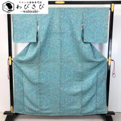 小紋 花草模様 縮緬 花浅葱色 しつけ糸 K-4910