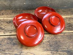 能登に伝わる古民藝 輪島塗 朱漆 蓋付 向付5客 / 時代 朱塗 壺椀 懐石