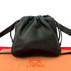 極 美品 袋付き LOEWE ロエベ ヴィンテージ アナグラム ロゴ ナッパ レザー 本革 巾着 ミニ ショルダーバッグ ポシェット ブラック 276-2