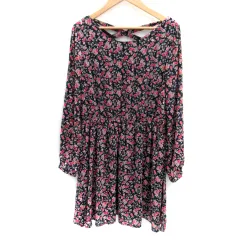 ページボーイ PAGE BOY ワンピース ひざ丈 長袖 ラウンドネック 花柄 M マルチカラー 紺 ネイビー ピンク /SM22 ■MO